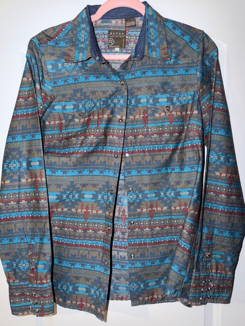 Roper Women’s Teal and Brown Southwestern Button-Up Shirt